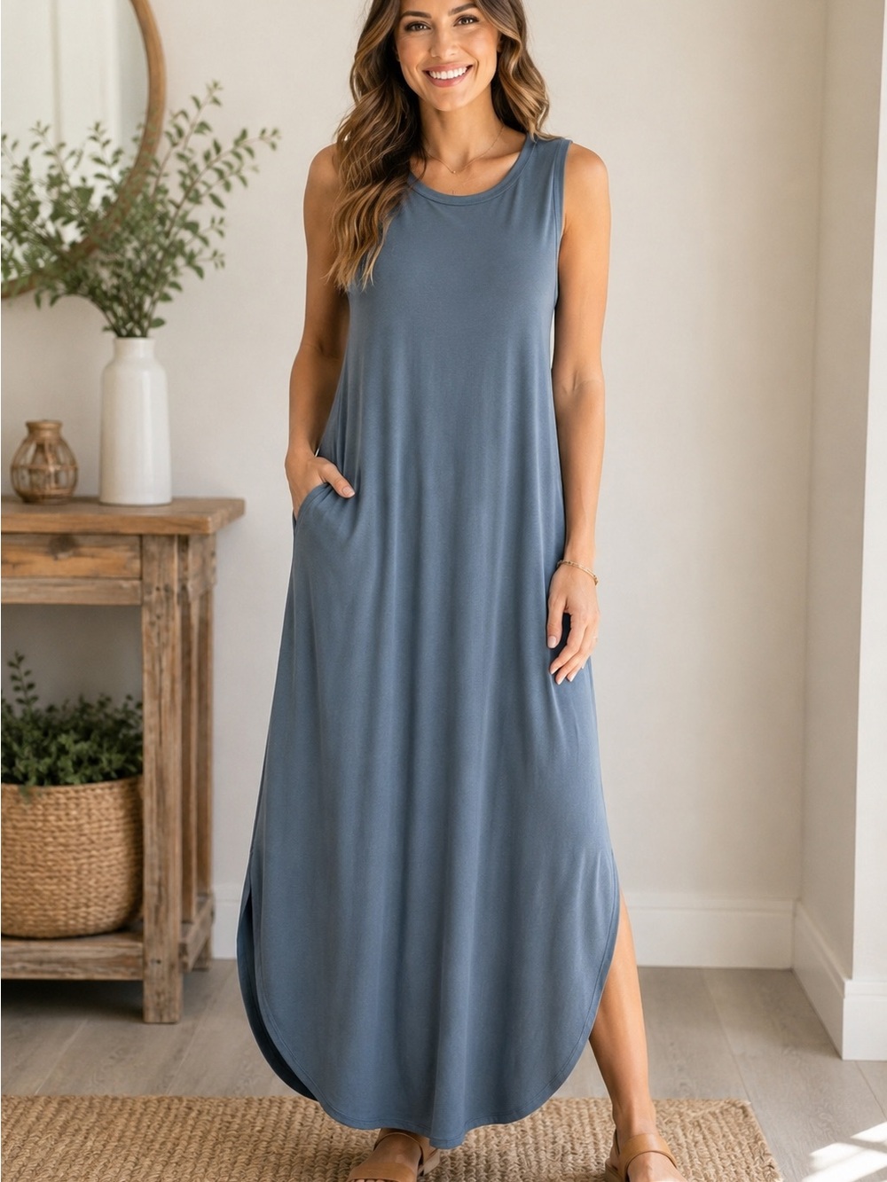 Zenana Steel Blue Sleeveless Maxi Dress Pockets Side Slit Large Coastal Casual